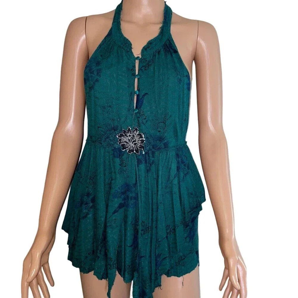 Free People top blouse tunic style halter tie back green flowy embroidered SZ S